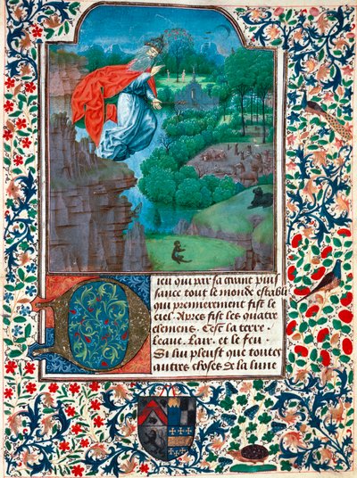 Schöpfung, der siebte Tag: Der Schöpfer fliegt über sein Werk. Landschaft mit Tieren. Miniatur aus dem Stundenbuch der Gräfin von Bretiandos von Unknown artist