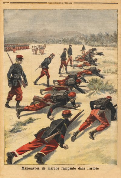 Krabbelmanöver in der Armee, Experimentieren mit neuen Tamponarmbändern, die die Handflächen schützen. Gravur in „Le petit journal“ 16/08/1896. Selva Sammlung. von Unknown artist