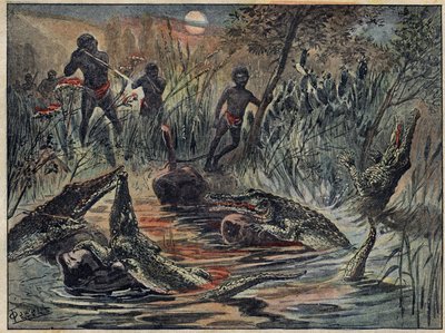 Krokodiljagd im Niger mit einem Kind als Köder. Illustration in „Le Pèlerin“ vom 4. Dezember. von Unknown artist