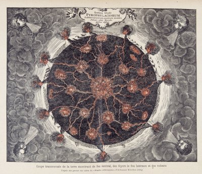 Querschnitt der Erde mit zentralem Feuer, Kaminen und Vulkanen, aus einer Kupferstich von Athanase Kirchers „Mundus subterraneus“ (oder Athanasius Kircheri) von Unknown artist