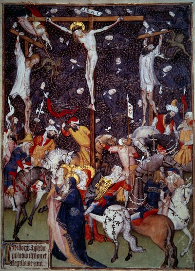 Kreuzigung. Schwarze Engel fliegen um die Körper der Verurteilten. Römer zu Pferd drehen sich um das Kreuz, um die Szene zu betrachten. von Unknown artist
