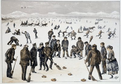 Curling auf einem zugefrorenen See in der Nähe von Halifax, Nova Scotia - in Sketches of canadian sports and pastimes von Lieut. Henry Buckton Laurence von Unknown artist