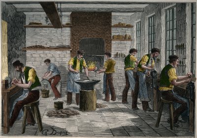 Besteckwerkstatt in Frankreich im 19. Jahrhundert. Gravur von 1885 in „Les arts et métiers illustrés“ von Adolphe Bitard. von Unknown artist