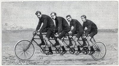 Radfahrer auf einem Fahrrad namens „Quadruplette Gladiator“. Stich in „La Nature“ von Unknown artist