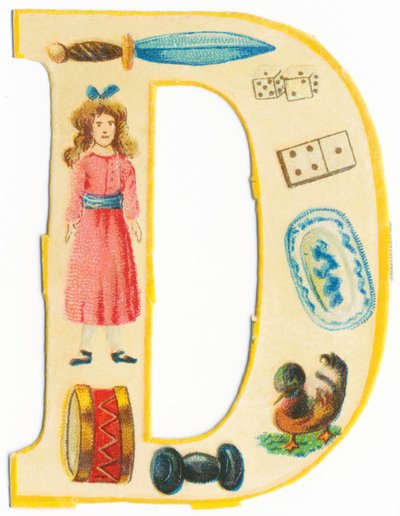 D: Dolch, Puppe, Würfel, Domino, Trommel, Schale, Hantel, Ente von Unknown artist