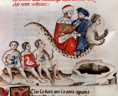 Dante und Virgil reiten auf Geryons Rücken (Gesang 17 aus der Hölle, in der Göttlichen Komödie) - Miniatur 15. Jahrhundert von Unknown artist