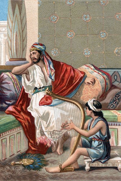 David spielt die Zither vor König Saul, um ihn zu beruhigen. von Unknown artist