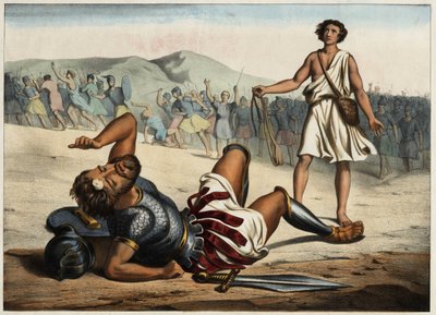 David als Sieger über Goliath. Anonyme Gravur aus der Mitte des 19. Jahrhunderts. von Unknown artist