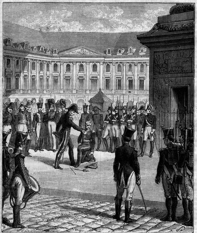 Degradierung von General Bonnaire, ehemaliger Soldat des Kaiserreichs, verurteilt wegen des versehentlichen Todes des Stabschefs von Ludwig XVIII. am 8. Juni 1816 am Fuße der Vendôme-Säule (Place Vendôme) in Paris von Unknown artist