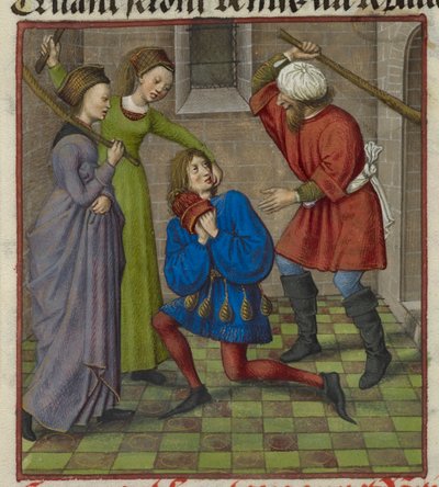 Detail einer Miniatur, die Honte, Peur und Danger zeigt, die den Liebhaber angreifen, aus 