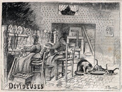Devideuses - Atelier de Canut - Innenansicht einer Seidenweberwerkstatt in Lyon - Gravur in „Le Progres illustré“ von 1895 von Unknown artist