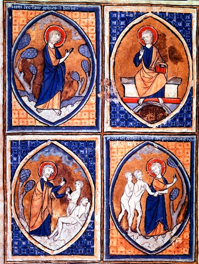 Verschiedene Stadien der Weltschöpfung dargestellt in Mandorlen. Miniatur aus einem Manuskript des 13. Jahrhunderts. Porto, Stadtbibliothek von Unknown artist