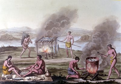 Ess- und Kochszene unter den Florida-Indianern. Gravur aus dem 17. Jahrhundert. von Unknown artist