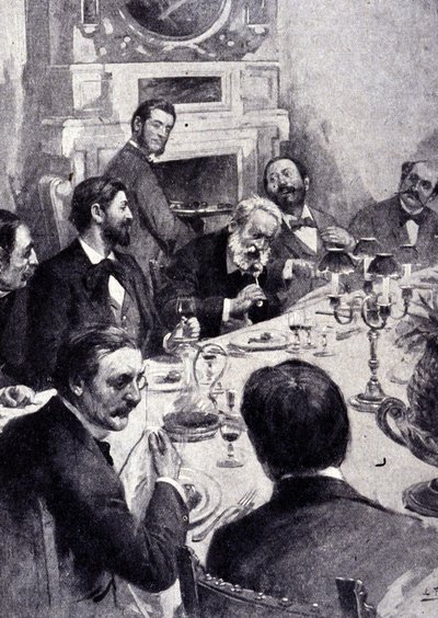 Essen am Tisch von Victor Hugo mit Jean Mounet Sully (Mounet-Sully) (1841 - 1916), französischer Schauspieler. Gravur des 19. Jahrhunderts von Unknown artist