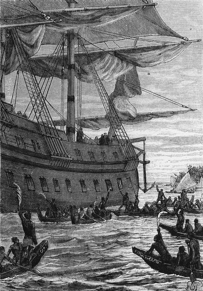 Entdeckung der Indes: Reise von Wallis im Pazifik; Einheimische treffen die Kolonisten - in „Les Voyageurs du 18eme et 19eme siècle“, von Jules Verne, ed. Hetzel et Cie, Paris von Unknown artist