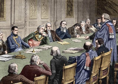 Diskussion des Zivilgesetzbuches im Staatsrat (1800-1804), unter dem Vorsitz des ersten Konsuls, Napoleon Bonaparte. Gravur des 19. Jahrhunderts. von Unknown artist