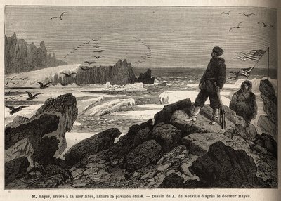 Dr. Hayes, erreicht das freie Meer des Arktischen Pols, das Ziel seiner Expedition, pflanzt die amerikanische Sternenbanner. Gravur zur Illustration der Reise zum freien Meer des Arktischen Pols, von Dr. Hayes, Chirurg der United States Navy, 1860-1862 von Unknown artist