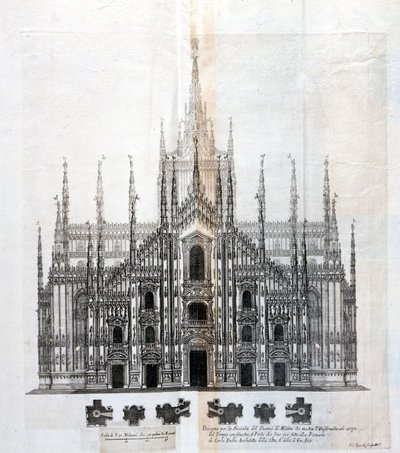 Zeichnung der Fassade des Doms von Mailand, die ihre Einheit mit dem Gebäude zeigt. Viele architektonische Projekte wurden um das 17. Jahrhundert herum entworfen, um die Fassade zu vervollständigen, die unvollendet geblieben war von Unknown artist