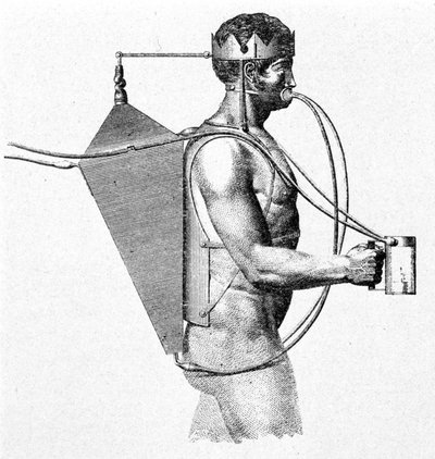 Driebergs Skaphander-Projekt von 1802, bekannt als der Triton. Die Luft gelangt direkt in den Mund des Mannes von Unknown artist