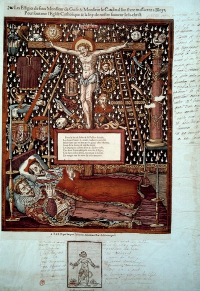 Bildnisse von Heinrich I. von Lothringen, 3. Herzog von Guise (1550-1588) und seinem Bruder Louis II. von Guise, Kardinal von Lothringen (1555-1588), ermordet in Blois am 23. und 24. Dezember 1588 auf Befehl von Heinrich III. Gravur aus dem 16. Jahrhundert von Unknown artist