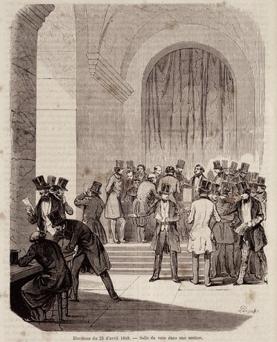Wahlen vom 23. April 1848: Wahllokal in einem Abschnitt - in „Zeitgenössische populäre Geschichte“ von Unknown artist