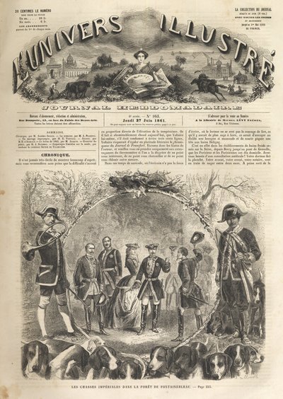 Kaiser Napoleon III. auf der Jagd in Fontainebleau - 1861 - Kaiserliche Jagd in Fontainebleau in Anwesenheit von Napoleon III. (1808-1873) und Kaiserin Eugénie (1826-1920). Das illustre Universum von 1861 von Unknown artist