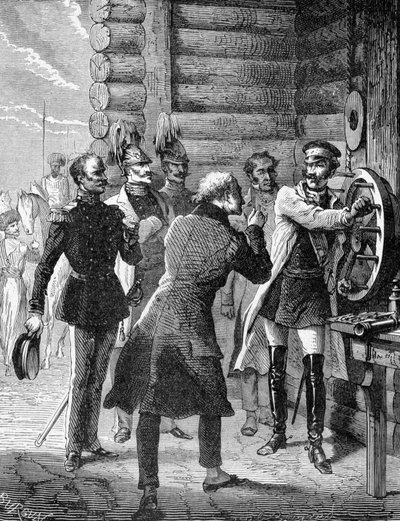 Kaiser Nikolaus I. führte 1838 den ersten Test der Telegrafenleitung von St. Petersburg nach Warschau durch. Gravur 19. Jahrhundert von Unknown artist