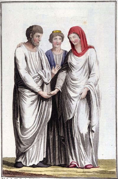Verlobung oder Eheversprechen: dextrarum iunctio oder Vereinigung der rechten Hände. Gravur aus dem 19. Jahrhundert. von Unknown artist
