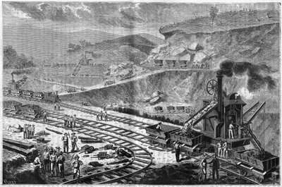 Gravur von 1885, die die Arbeit des Bohrens des Isthmus von Panama zeigt. Blick auf einen der Angriffe auf die Werft von Emperador. von Unknown artist