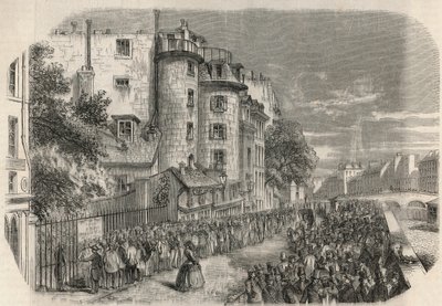 Eingang der Polizeipräfektur durch die Rue de Jerusalem an der Ecke des Quai des Orfevres in Paris im 19. Jahrhundert vor 1871 - Gravur in 