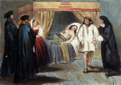 Episode der Mannbarkeitsprüfung von Vincent I. Gonzaga (1562 - 1612), Herzog von Mantua, für seine Heirat mit der Tochter von François de Medici, Eléonore im Jahr 1584. Er wurde verdächtigt, keine Erben zu haben. Lithographie des 19. Jahrhunderts von Unknown artist