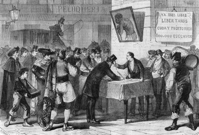 Ereignisse in Spanien im Jahr 1885: Öffentliche Sammlung in Madrid für den Kauf von Sklaven aus Kuba und Puerto Rico. von Unknown artist