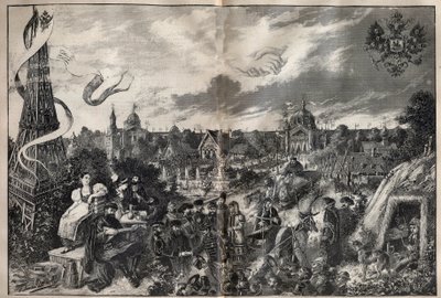 Evokation der Freundschaft zwischen Frankreich und Russland und der russischen Ausstellung, die 1892 auf dem Champ de Mars in Paris stattfinden wird - Gravur in „La Science française“ von Unknown artist