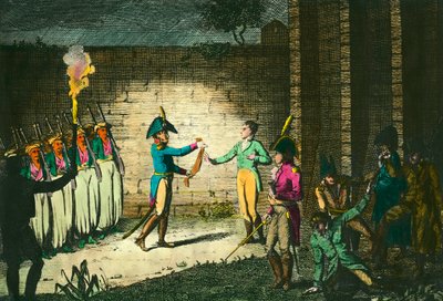 Hinrichtung von Louis de Bourbon, Herzog von Enghien (1772-1804) am 21. März 1804 in Vincennes, verdächtigt ohne Beweis der Verschwörung gegen den Ersten Konsul Napoleon Bonaparte. Gravur um 1804. Private Sammlung von Unknown artist