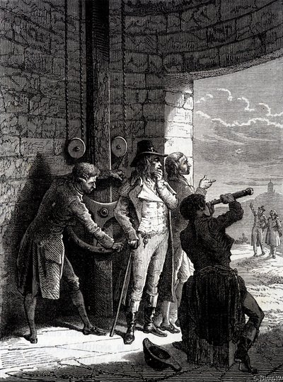 Experiment des Chappe-Telegraphen am 12. Juli 1793, von Ménilmontant nach Saint-Martin-du-Tertre vor den Kommissaren der Konvention - in „Die Wunder der Industrie“ von Louis Figuier von Unknown artist
