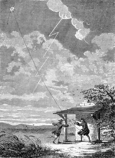 Experiment des elektrischen Drachens durchgeführt in Philadelphia von Benjamin Franklin, September 1752 - Gravur von Unknown artist