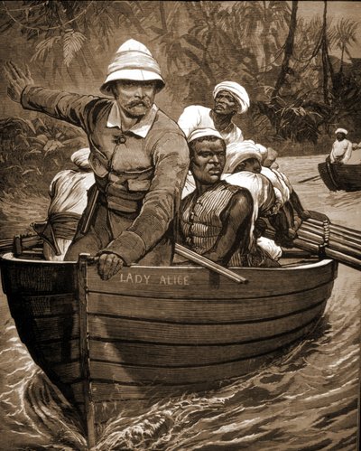 Erkundung von Sir Henry Morton Stanley (1841-1904), britischer Entdecker, an Bord der „Lady Alice“. von Unknown artist