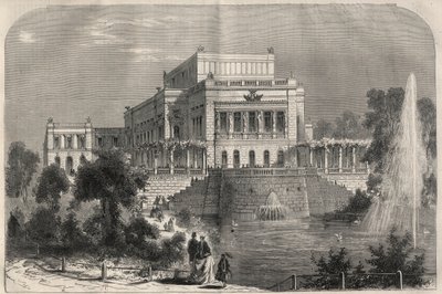 Außenansicht des neuen Theaters in Leipzig, Deutschland. Gravur in „L