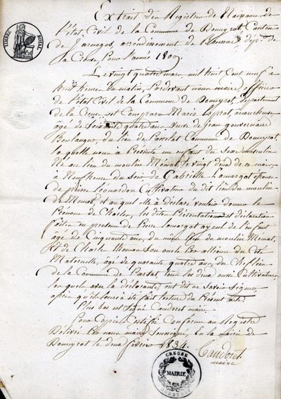 Auszug aus dem Geburtsregister der Gemeinde Dommyrot, beglaubigte Kopie vom 2. Februar von Unknown artist