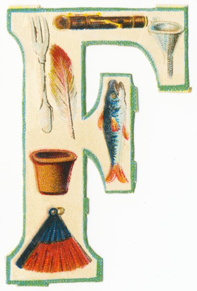 F: Gabel, Flöte, Trichter, Blumentopf, Feder, Fisch, Fächer von Unknown artist