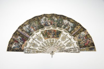 Fächer, ca. 1860, bedrucktes und bemaltes Papier, Perlmutt, Gold, Silber und Kupfermetalle, und Spiegel, Hersteller unbekannt von Unknown artist