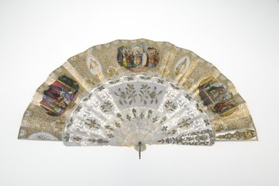 Fächer, ca.1860, Gedrucktes und bemaltes Papier, Perlmutt, Gold, Silber und Kupfermetalle, und Spiegel, Hersteller unbekannt von Unknown artist
