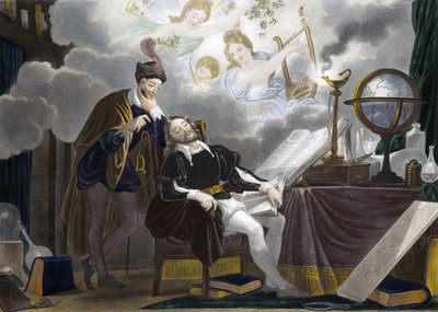 Faust und Mephistopheles - Faust wird von Mephistopheles versucht - Gravur von Unknown artist