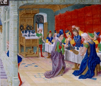 Festmahl-Szene, ein Pfau wird auf dem Tisch serviert. Miniatur aus „La Vraye Histoire du Bon Roy Alixandre“ von Kallisthenes (ca. 360-328 v. Chr.) von Unknown artist