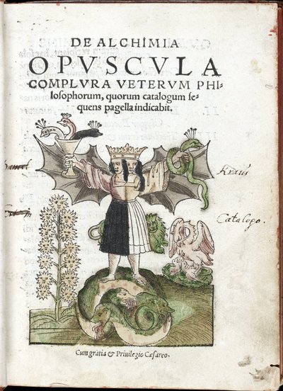 Frau mit doppeltem Gesicht auf einem monströsen Tier, das einen Becher und eine Schlange hält - Frontispiz aus dem Werk De Alchimia opvscvla complvra vetervm philosophorum von Cyriacus Jacob von Unknown artist