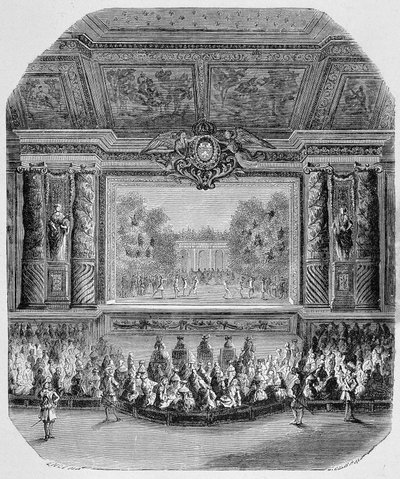 Fest von Ludwig XIV, von Herzog von Saint Aignan (Komödie in Musik, gespielt im Park von Versailles) Gravur von Unknown artist