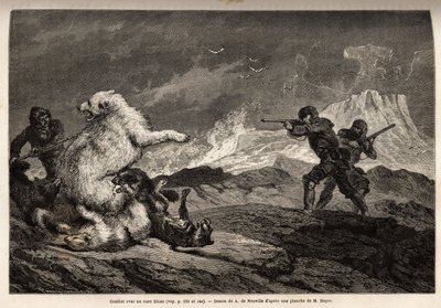 Kampf mit einem Eisbären, der ihr Junges schützt, das Rudel Hunde greift sie an und die Jäger, mit Gewehren bewaffnet, warten auf den richtigen Moment, um sie zu erschießen. Gravur zur Illustration der Reise zum freien Meer des Arktischen Pols, von Dr. Hay von Unknown artist