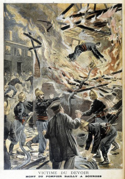 Feuerwehrmann Bailly starb in Bourges bei einem Feuer während eines Einsatzes. Illustration des „Le Petit Journal“ von 1898 von Unknown artist