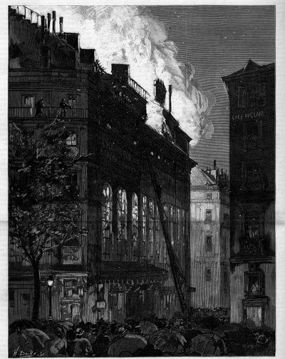 Brand der Opéra Comique in Paris, gesehen von der Rue Marivaux und dem Boulevard des Italiens am 26. Mai 1887. Gravur in „Le Monde illustré“ von Unknown artist