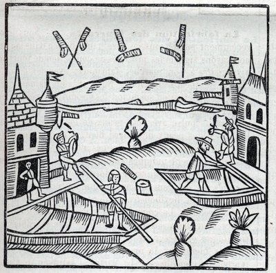 Feuerwerk und Feuerwerkskörper: Feuerwerk auf dem Wasser. Reproduktion der Gravuren aus dem Werk des französischen Jesuiten Jean Leurechon La Récréation Mathématique, ou Entretien Facétieux sur Plusieurs Plaisants Problèmes, en Fait d